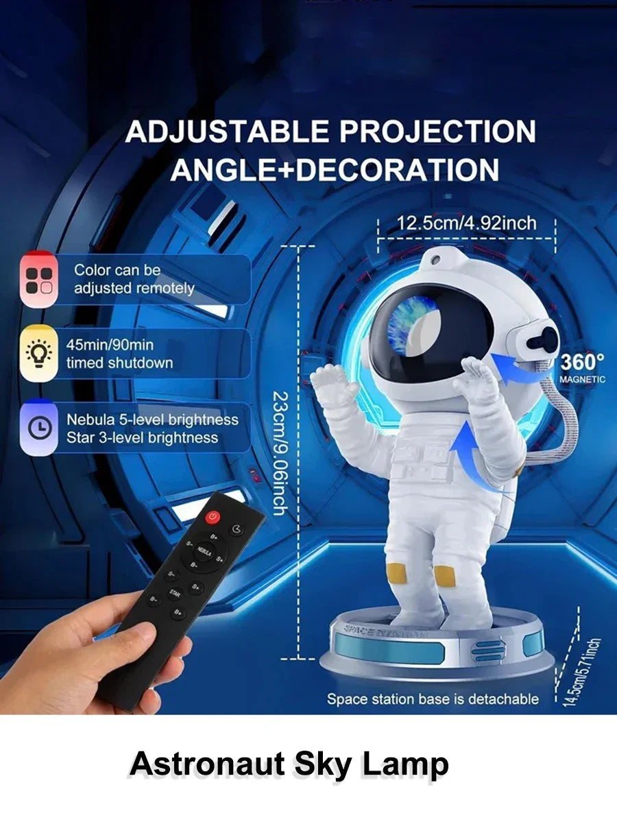 Astronaut projection night light with remote control, adjustable colors and brightness.