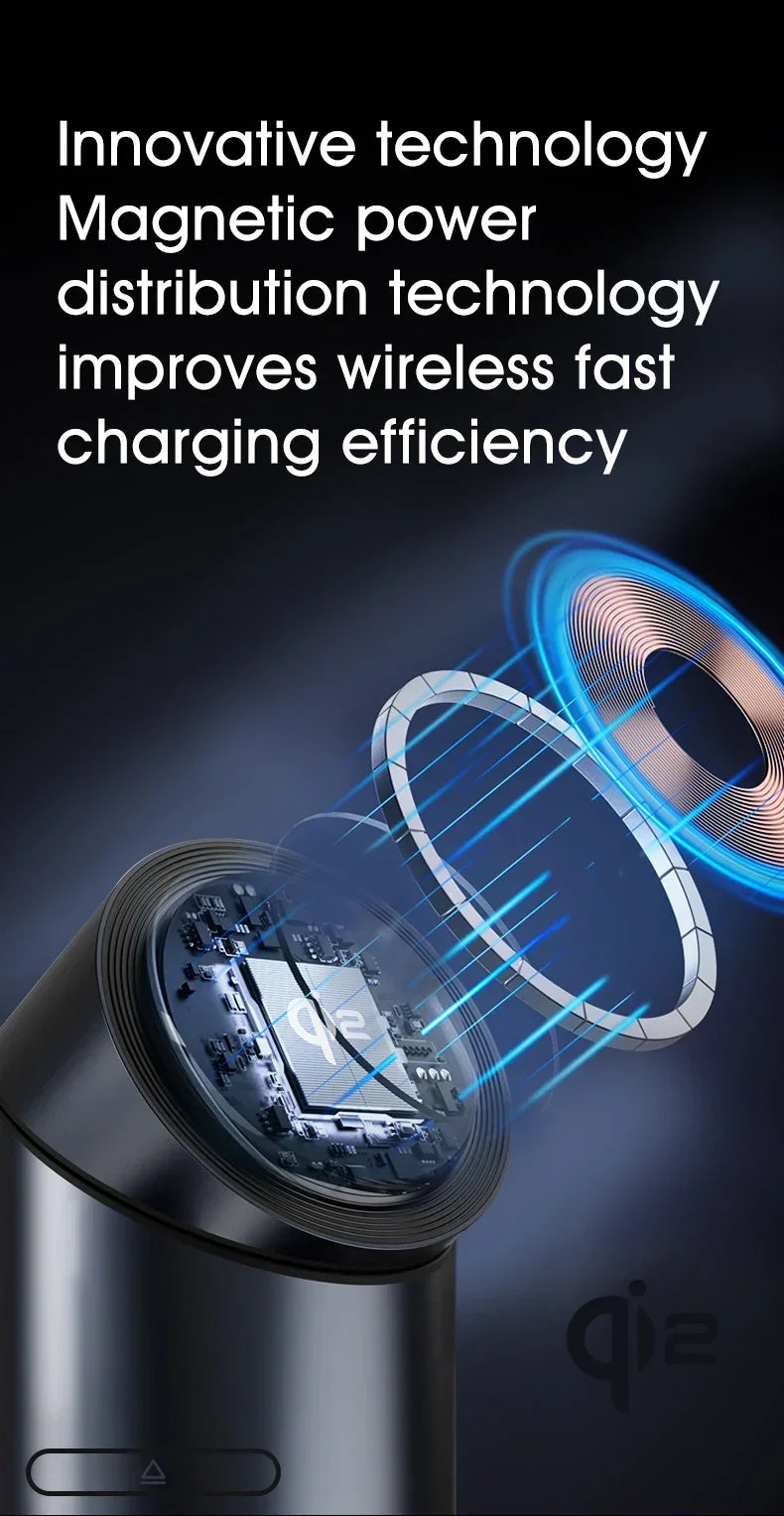 Wireless charger with visible circuit board and magnetic power coils, highlighting fast charging technology