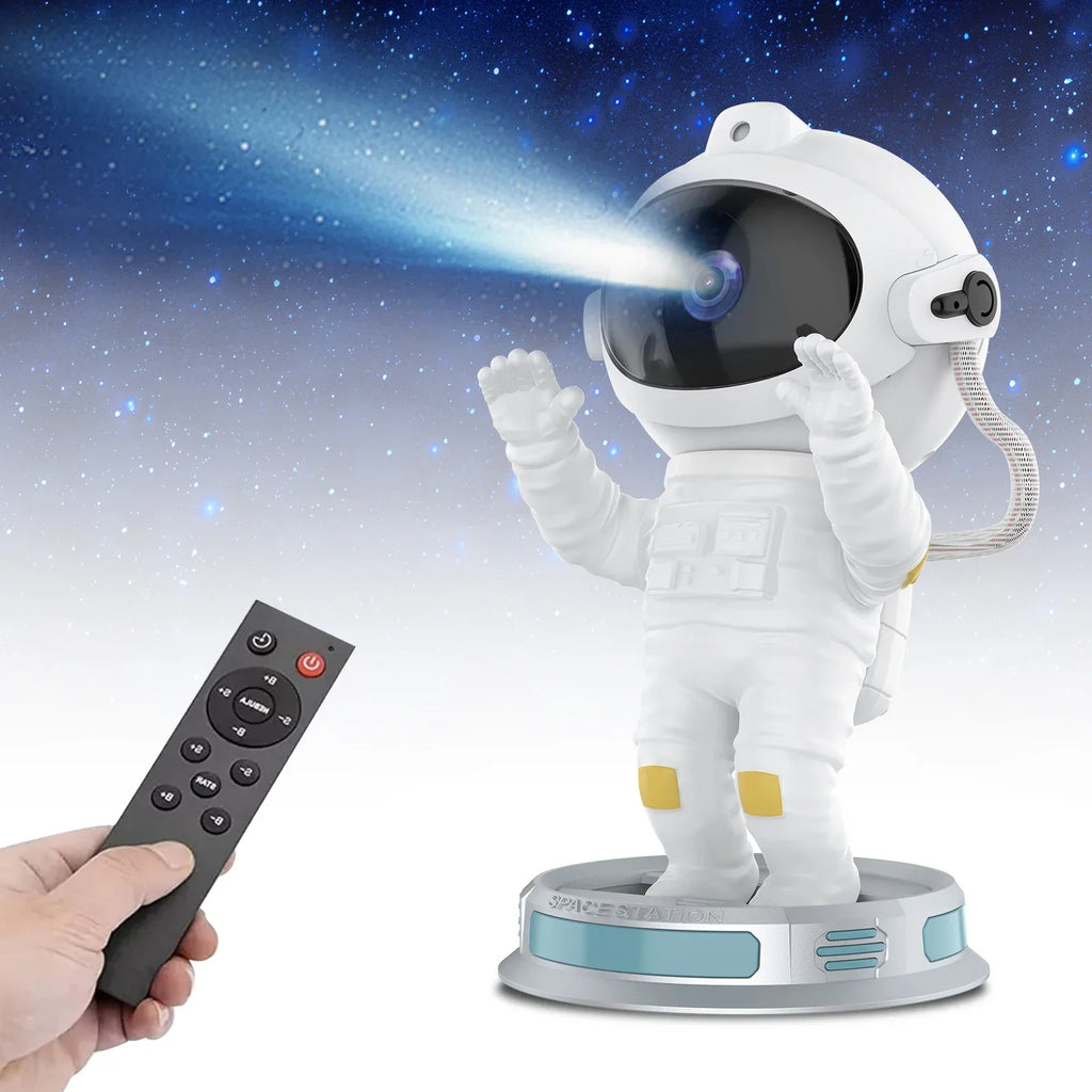 Astronaut-shaped projector night light with remote control, projecting a starry sky.
