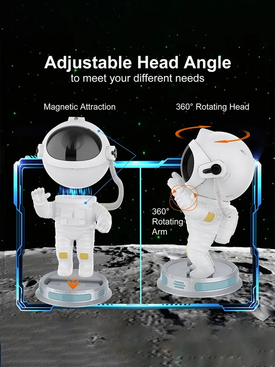Adjustable astronaut gadget figure with 360° rotating head and arm on lunar surface.