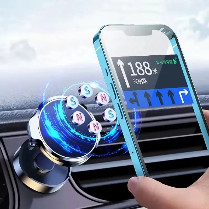 Magnetic car phone holder with strong magnets securing a smartphone to a car air vent.