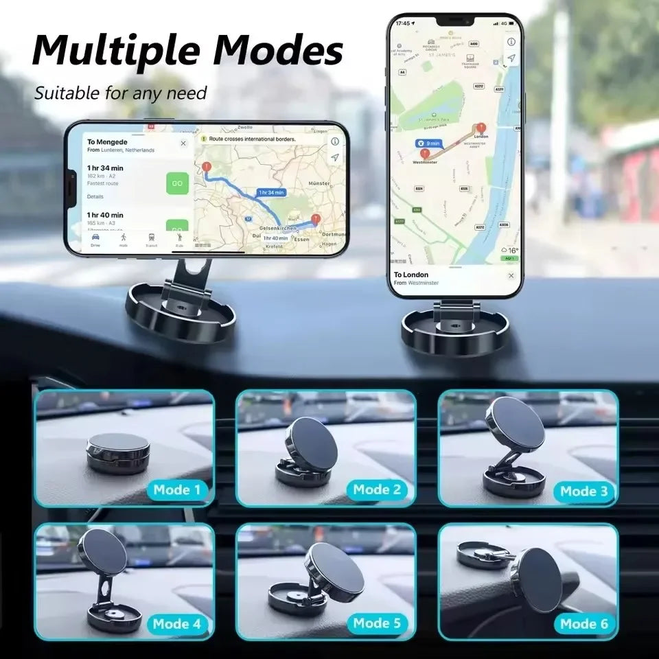 Adjustable magnetic phone holder for car dashboard with multiple mounting modes shown.