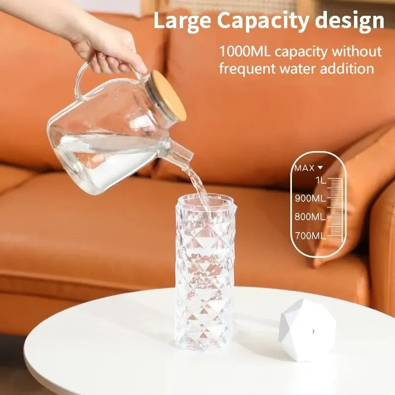 Glass water pitcher with wooden lid pouring into a tall crystal glass on a table, large capacity 1000ml design