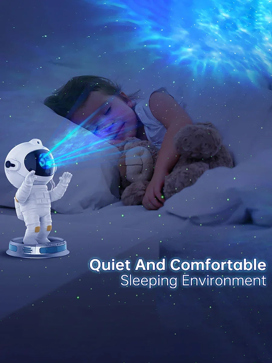 Astronaut-shaped night light projecting blue galaxy lights in a child's bedroom, sleep aid gadget
