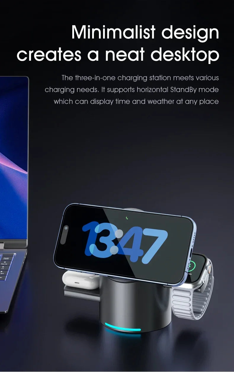 Three-in-one minimalist wireless charging station holding a smartphone, smart watch, and earbuds on a modern desktop.