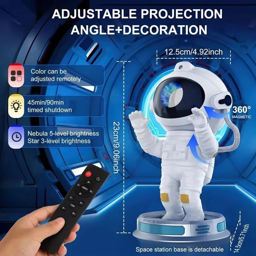 Astronaut projector night light with adjustable angles, remote control, and detachable space station base.