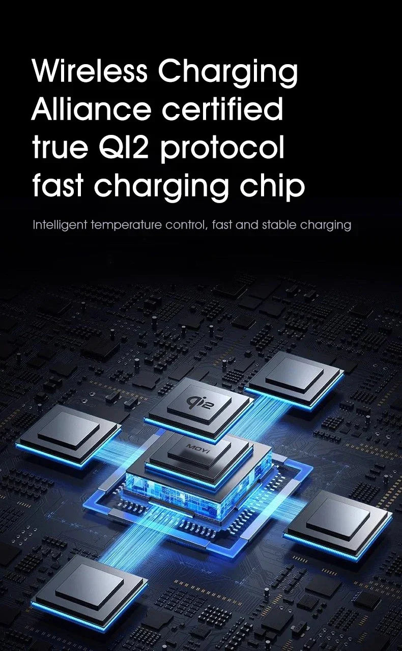 Close-up of microchip labeled Qi2 on circuit board, highlighting wireless fast charging technology.