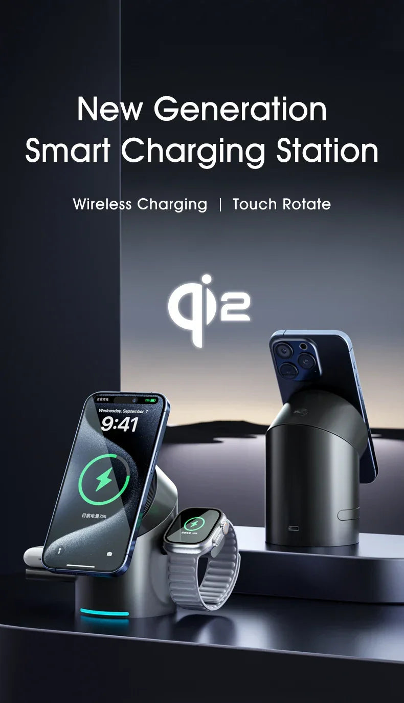 Qi2 new generation smart wireless charging station for phone and smartwatch