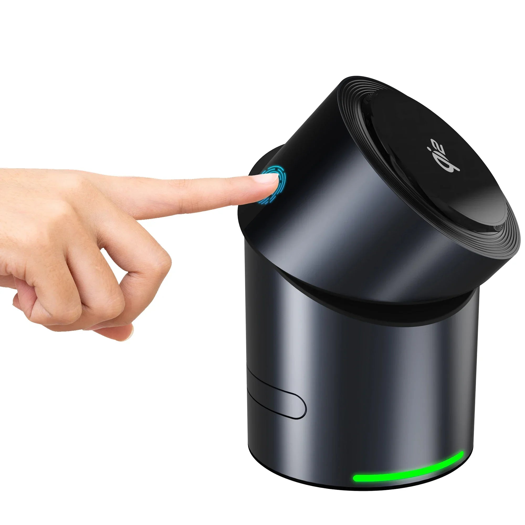 Finger pressing button on sleek black smart gadget with LED indicator, wireless charger design