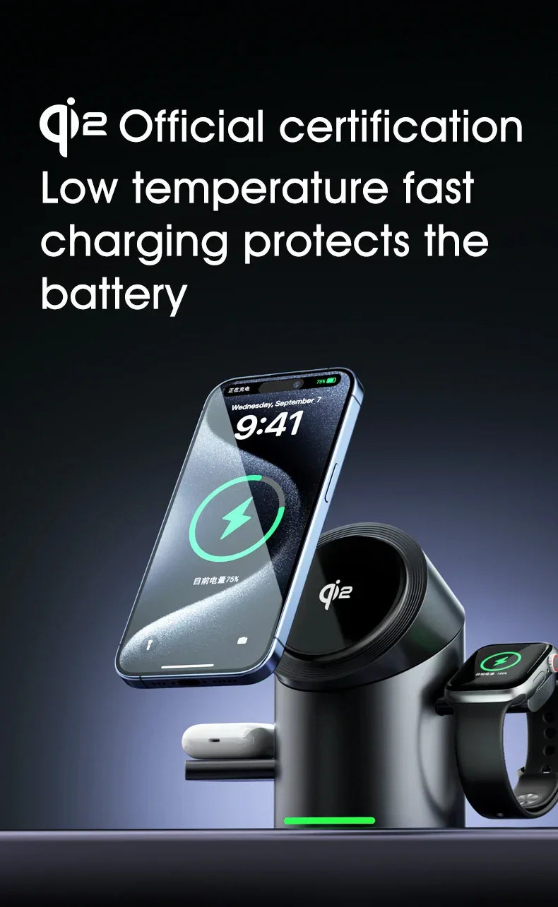 Qi2 certified wireless charging station for smartphone, earbuds, and smartwatch