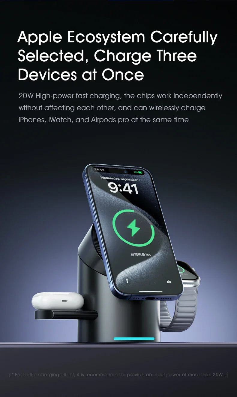 3-in-1 wireless charging station for smartphone, smartwatch, and wireless earbuds
