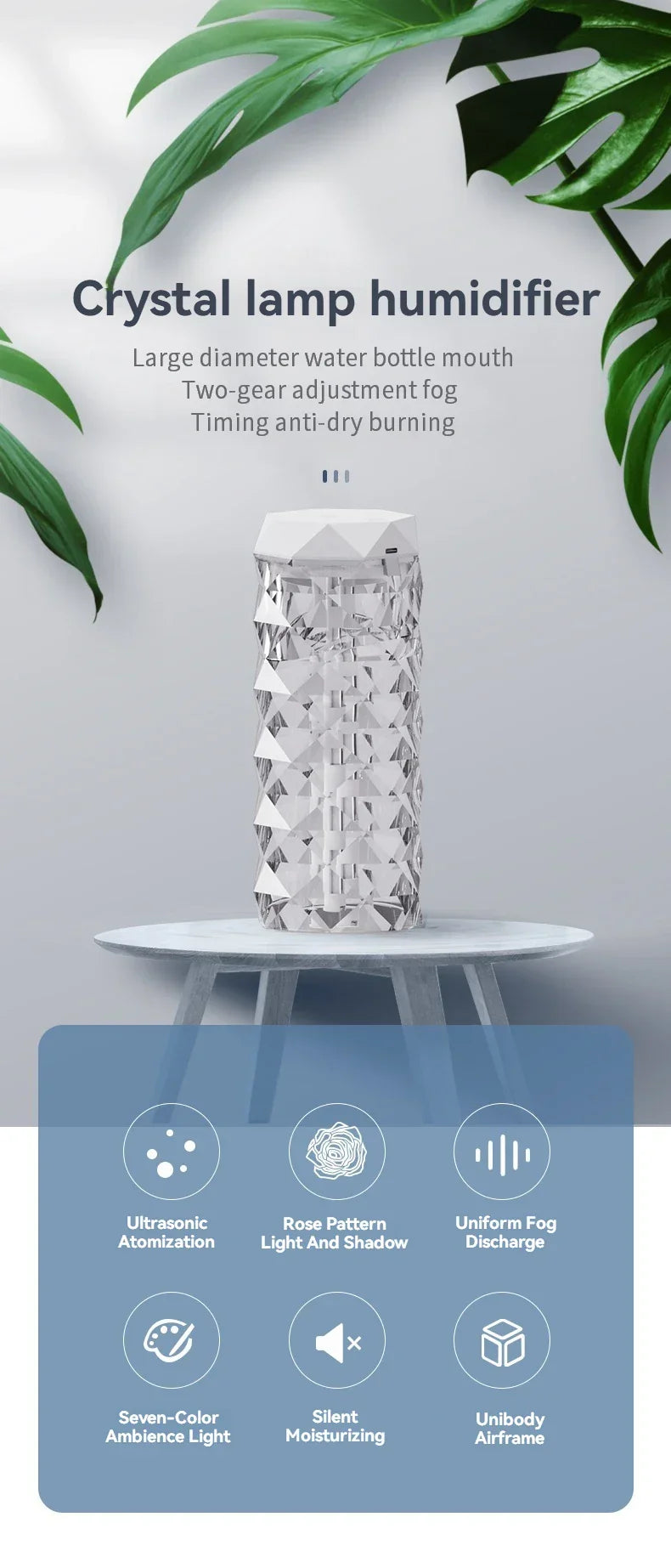Crystal lamp humidifier with geometric design on a table, featuring LED ambient light and humidifying functions, surrounded by green leaves.