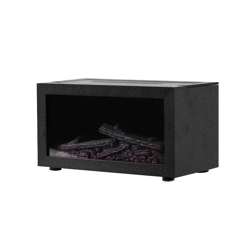 Black rectangular electric fireplace heater with realistic log design, modern home gadget