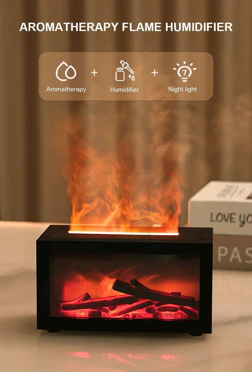 Aromatherapy flame humidifier with night light effect, emitting realistic flame vapor