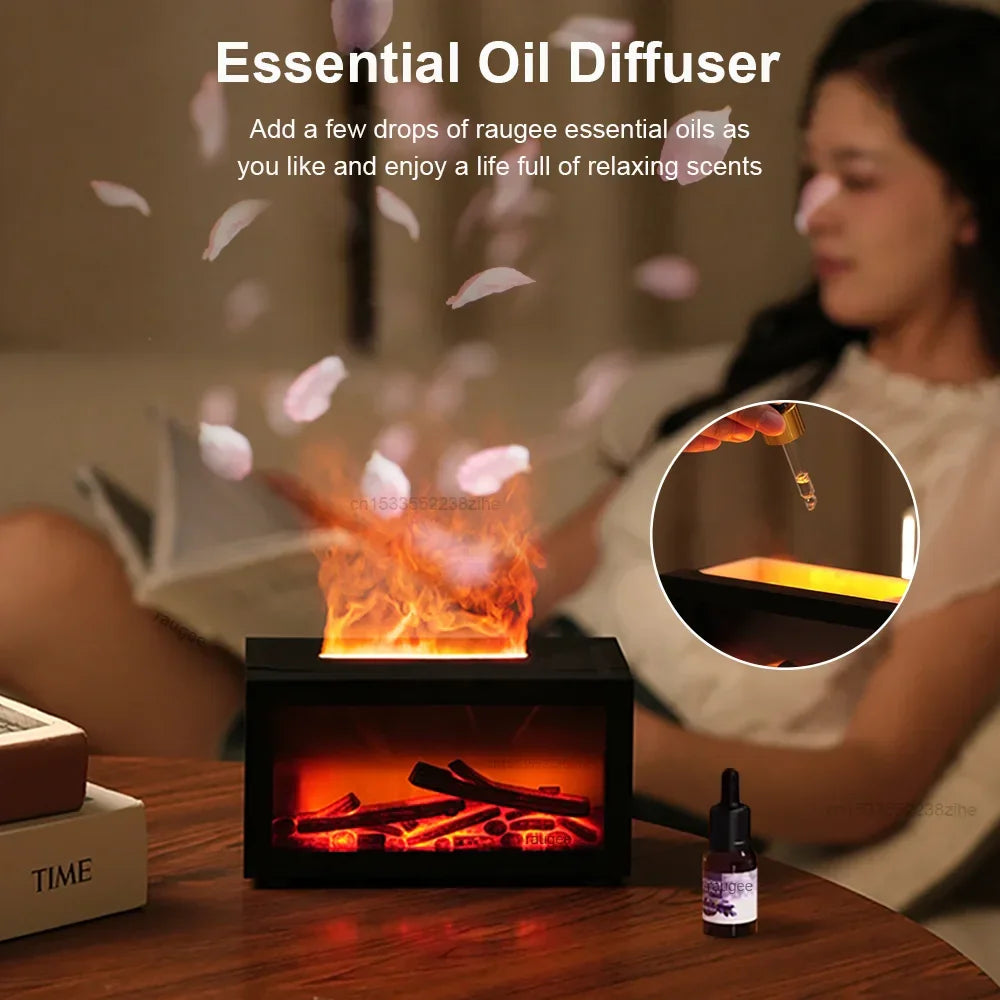 Flame-effect essential oil diffuser on a table with oil bottle, woman relaxing in background