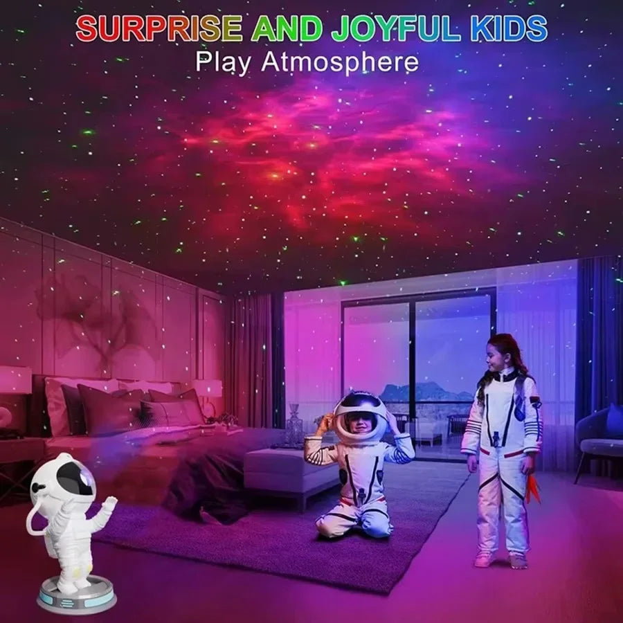 Astronaut projector for kids, colorful galaxy light in bedroom, children in space suits playing