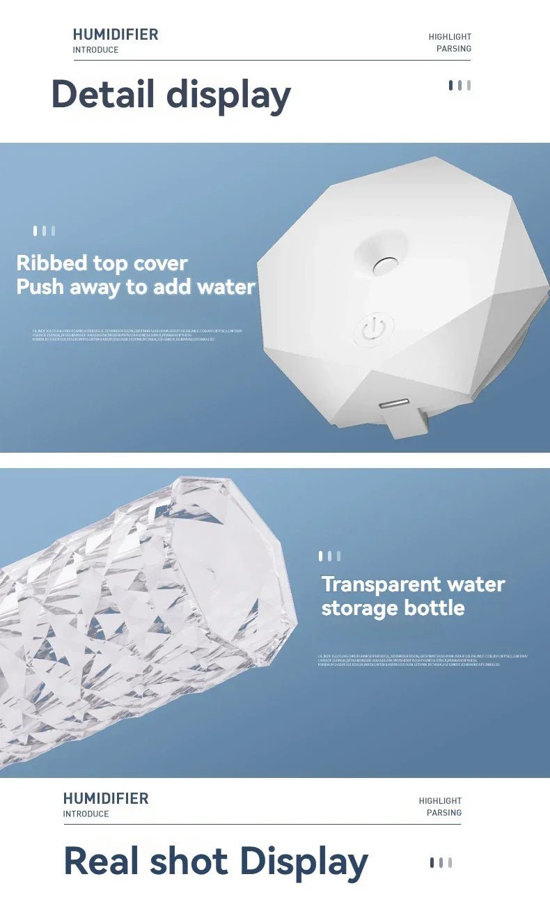 White humidifier with ribbed top cover and transparent geometric water bottle on blue background