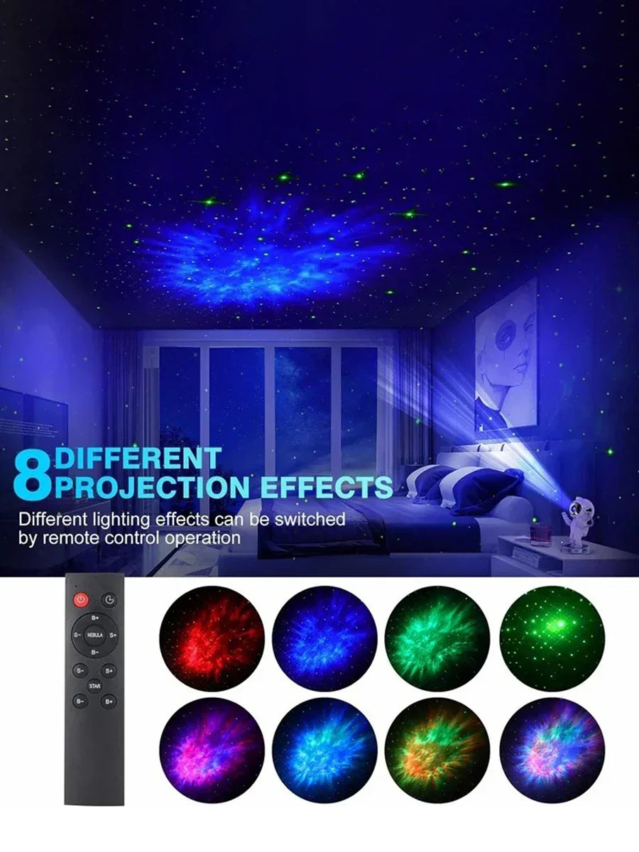 Galaxy star projector lamp with remote control, displaying 8 colorful night sky effects in bedroom.