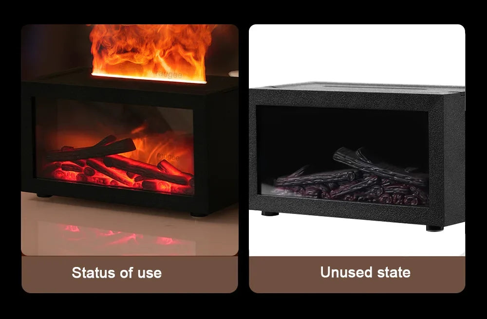 Electric fireplace heater showing realistic flame effect when in use and logs display when off.