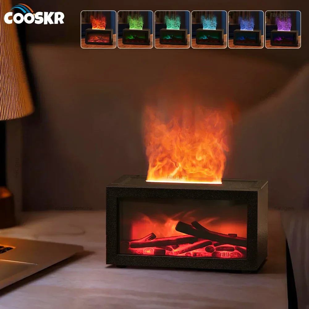 Color-changing LED electric fireplace lamp with realistic flame effect on a desk