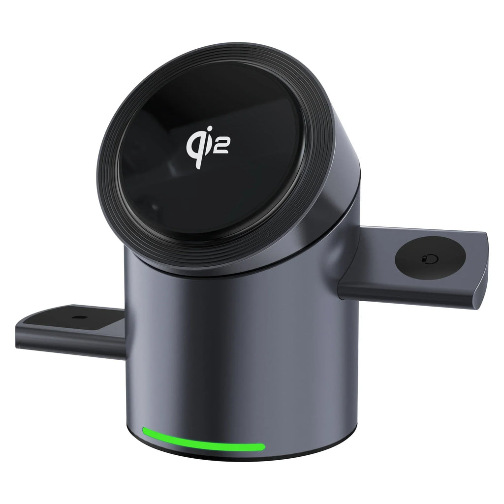 Modern Qi2 wireless charging station with dual device slots and LED indicator