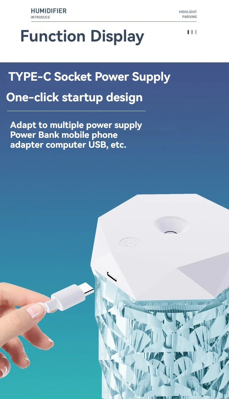 Crystal design USB Type-C humidifier with one-click operation and compatible power supply options