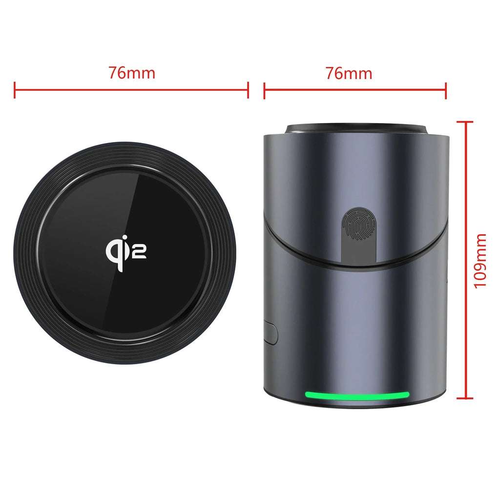 Qi2 wireless charger and smart gadget with fingerprint sensor, dimensions labeled