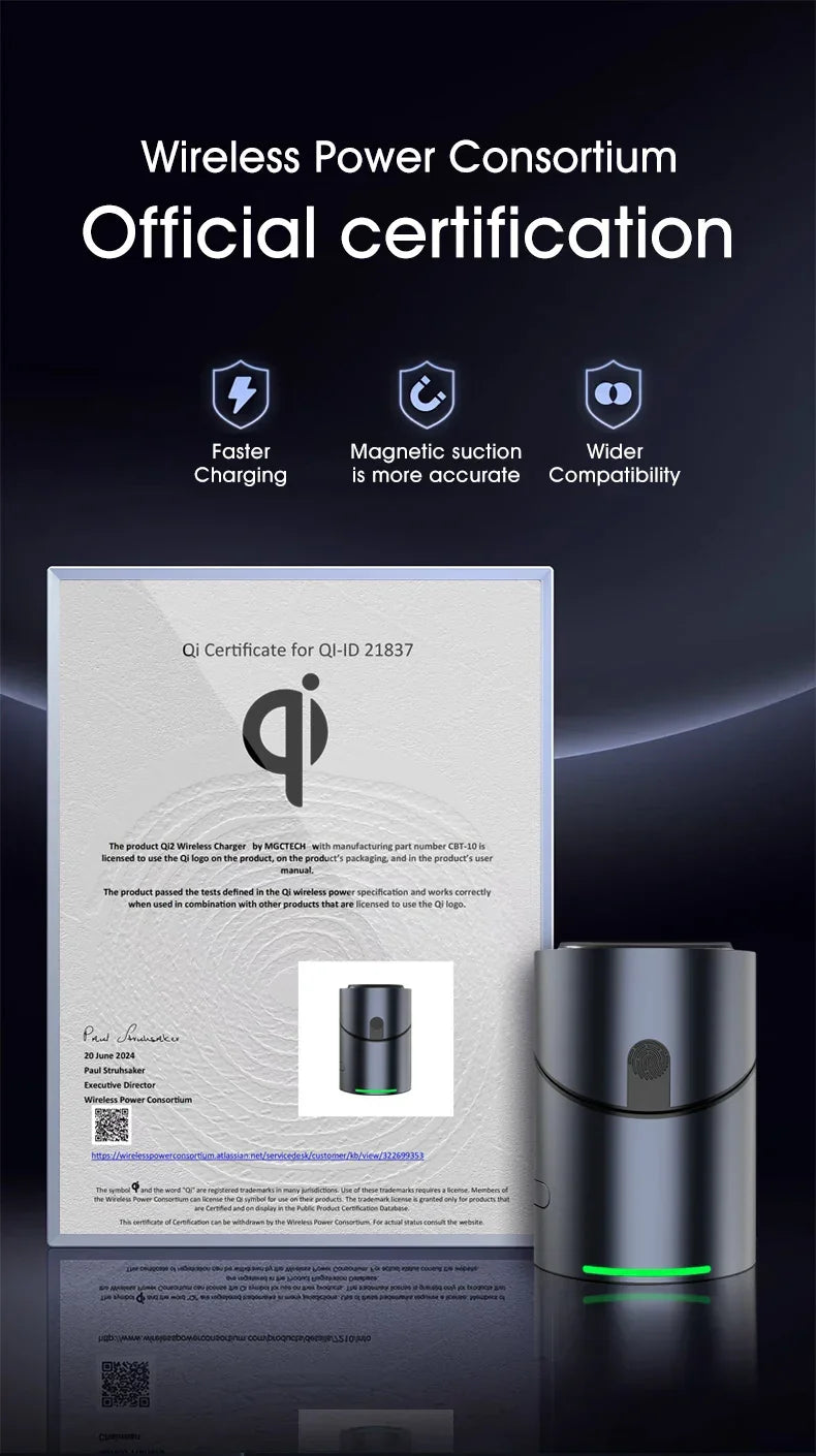Qi certified wireless charger with official certification document, black metallic design, LED indicator.