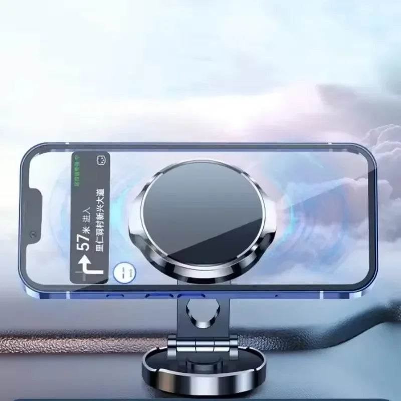 Magnetic phone holder mount with smartphone on car dashboard, sleek silver design