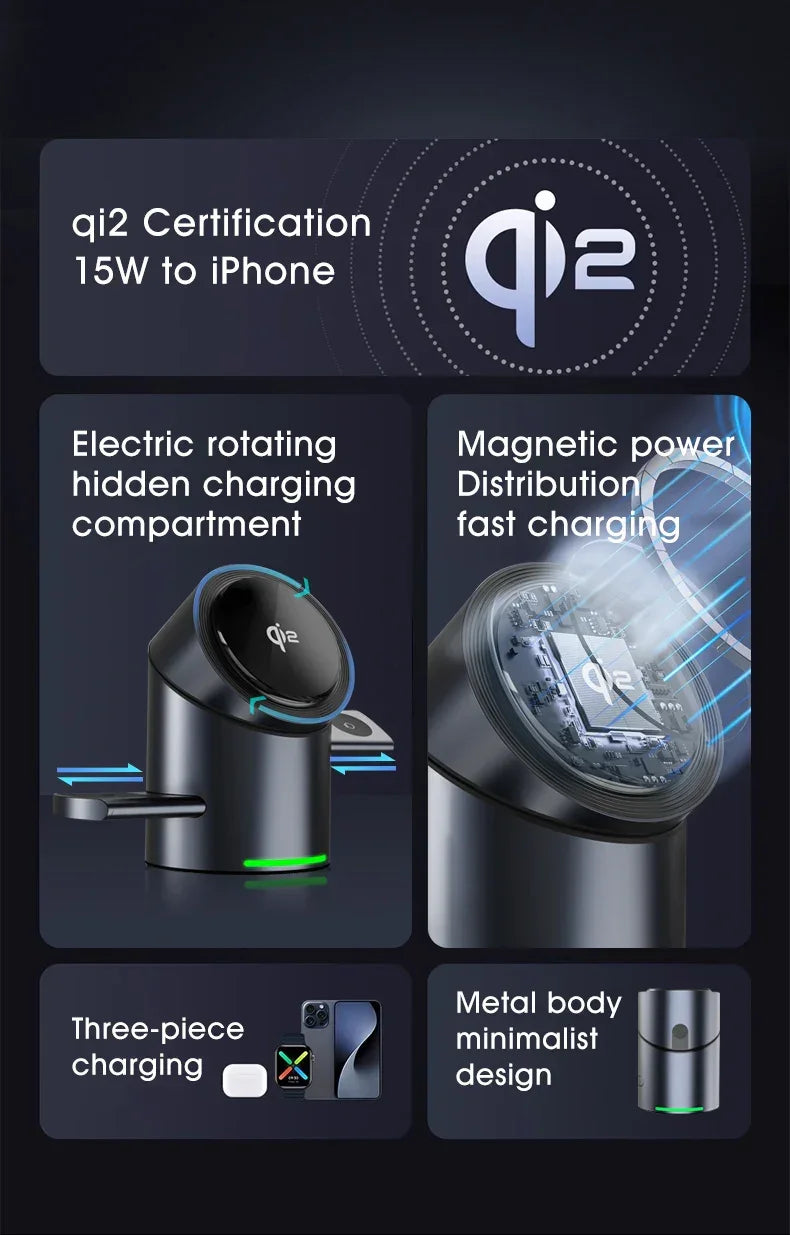 Qi2 certified 15W wireless charger with electric rotating compartment, magnetic fast charging, metal minimalist design, and three-device support