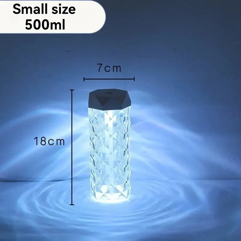 Crystal-pattern LED night light, small 500ml, 18cm tall, emits soft blue glow.