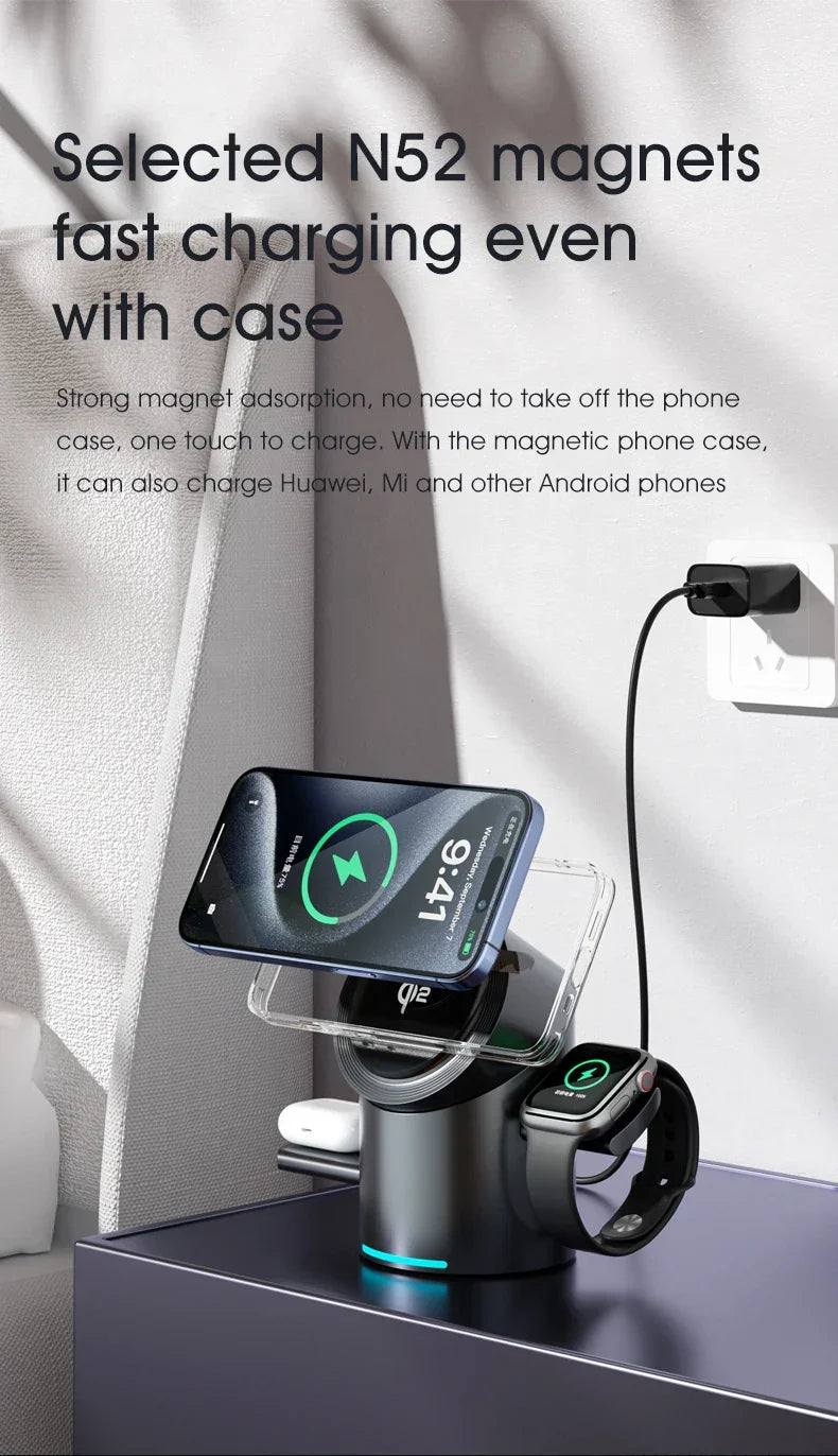 3-in-1 wireless charging station for smartphone, smartwatch, and earbuds with fast charging