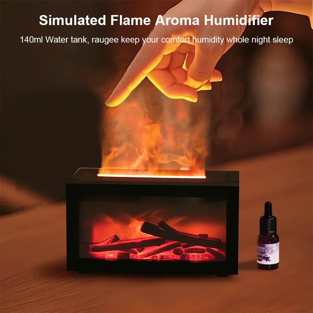 Simulated flame aroma humidifier on wooden surface with a hand above and essential oil bottle nearby