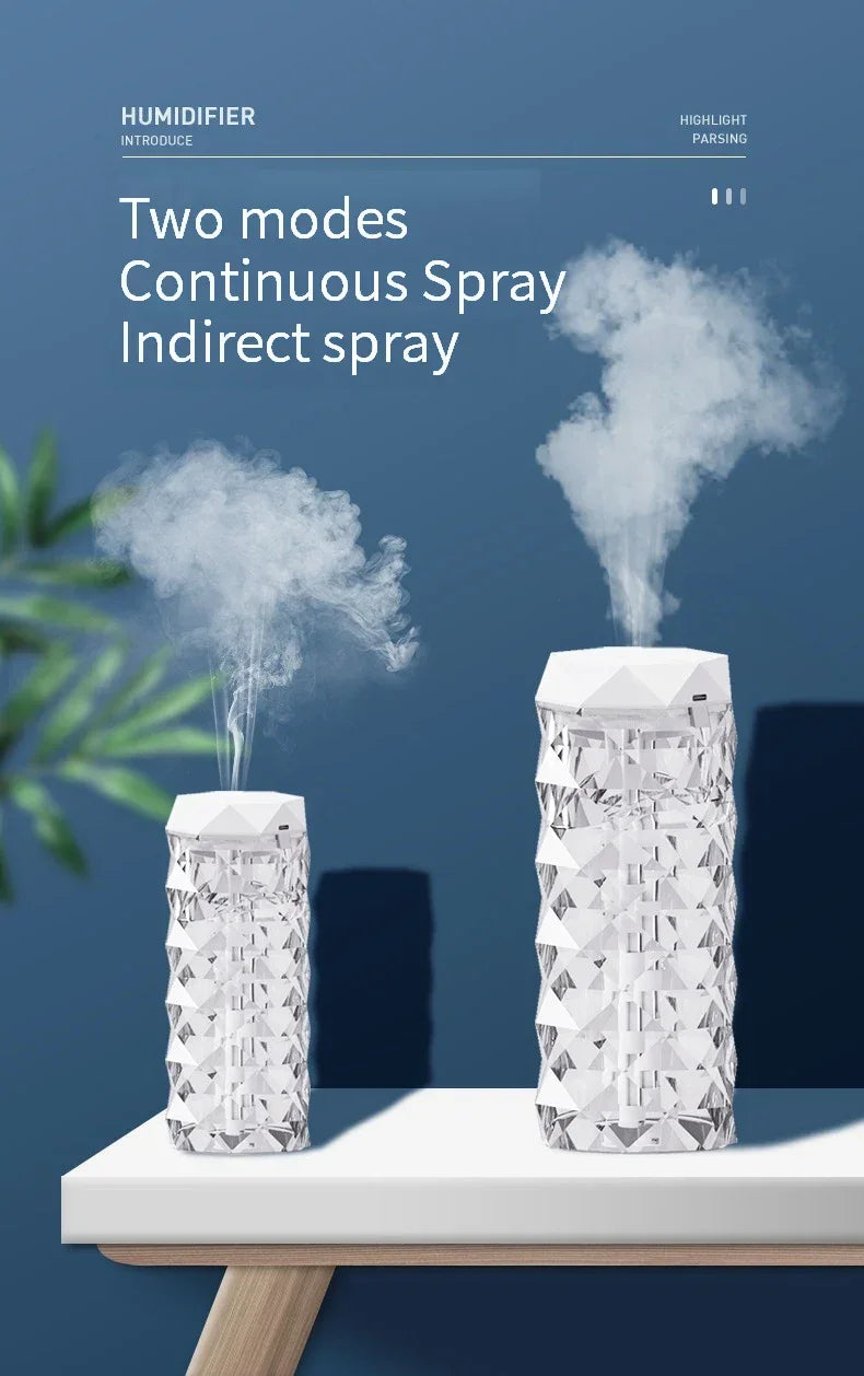 Crystal design humidifiers on table with steam, showing continuous and indirect spray modes