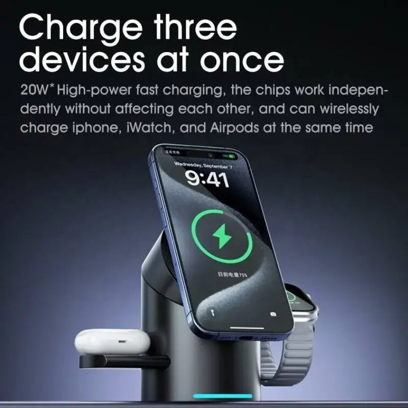 3-in-1 wireless charging station charging smartphone, smartwatch, and earbuds simultaneously