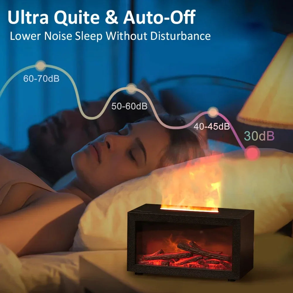 Woman sleeping beside quiet mini flame humidifier with noise level chart, cozy bedroom setting