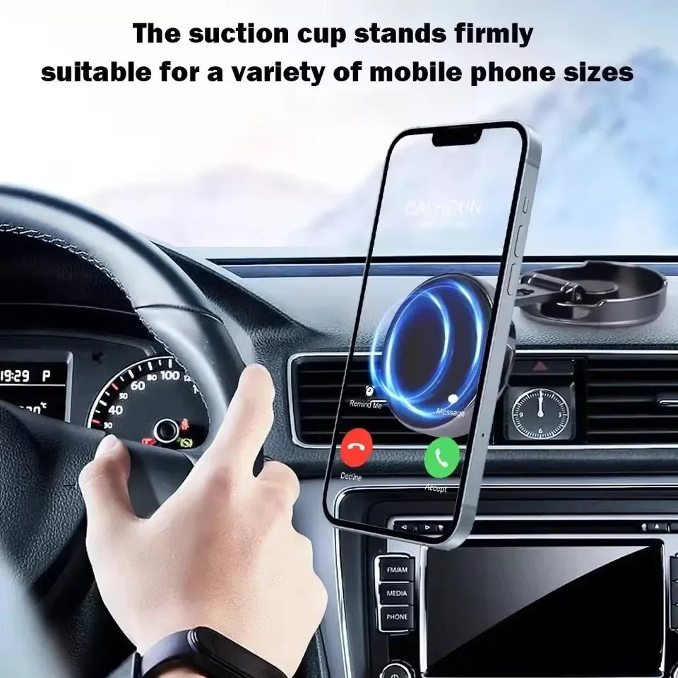 Car dashboard with suction cup phone holder securing smartphone, hands-free gadget accessory.