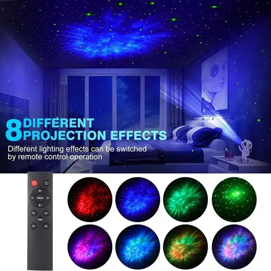 Galaxy star projector light with remote, displaying 8 colorful projection effects in a bedroom.