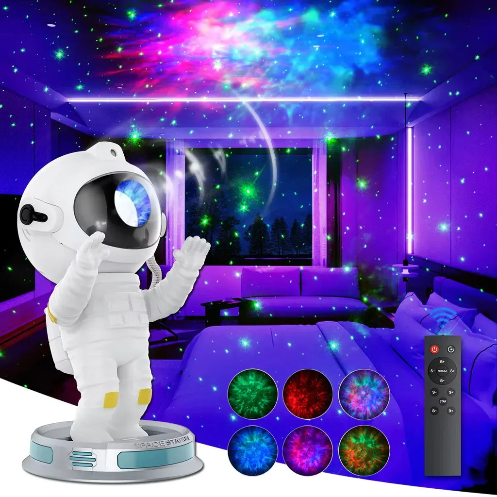Astronaut galaxy projector night light illuminating a bedroom with colorful star patterns, remote control and lighting modes visible.