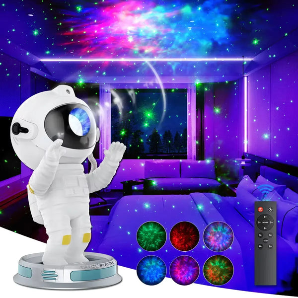 Astronaut galaxy projector night light illuminating a bedroom with colorful star patterns, remote control and lighting modes visible.