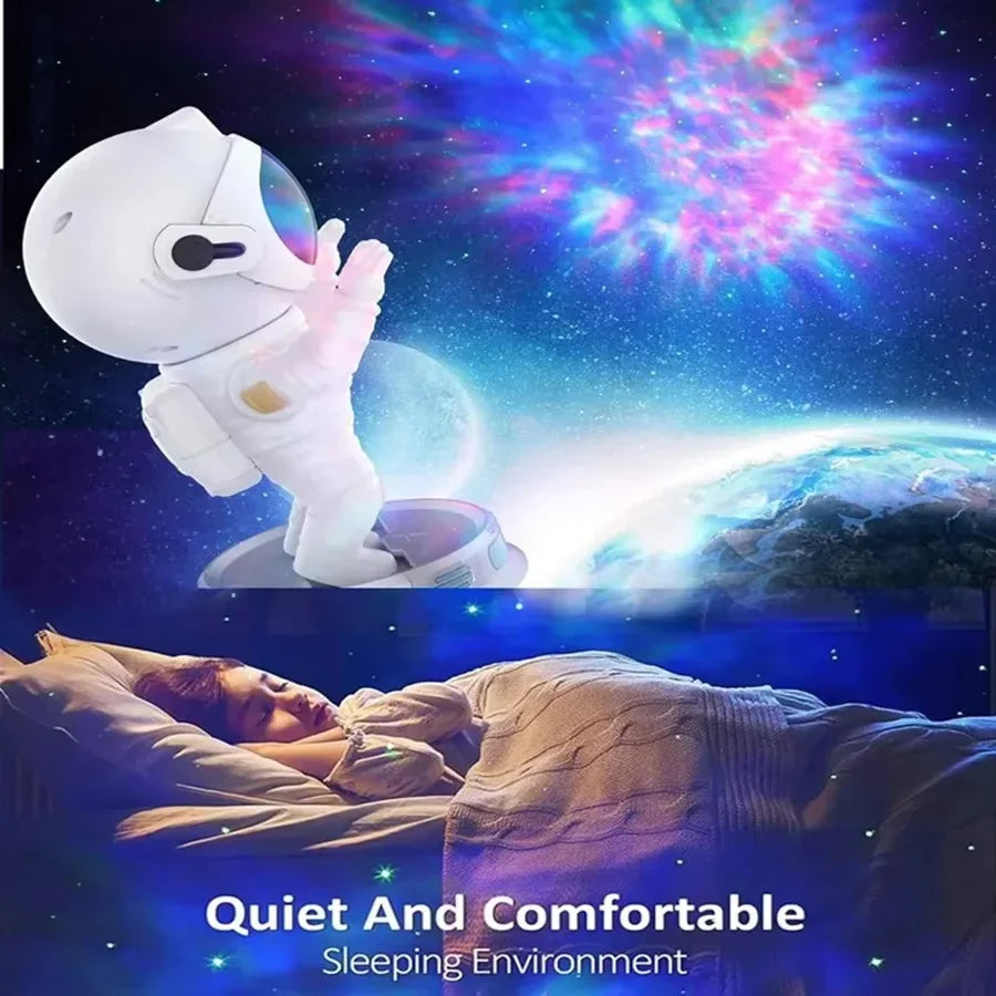 Astronaut night light projector with colorful galaxy effects, child sleeping peacefully