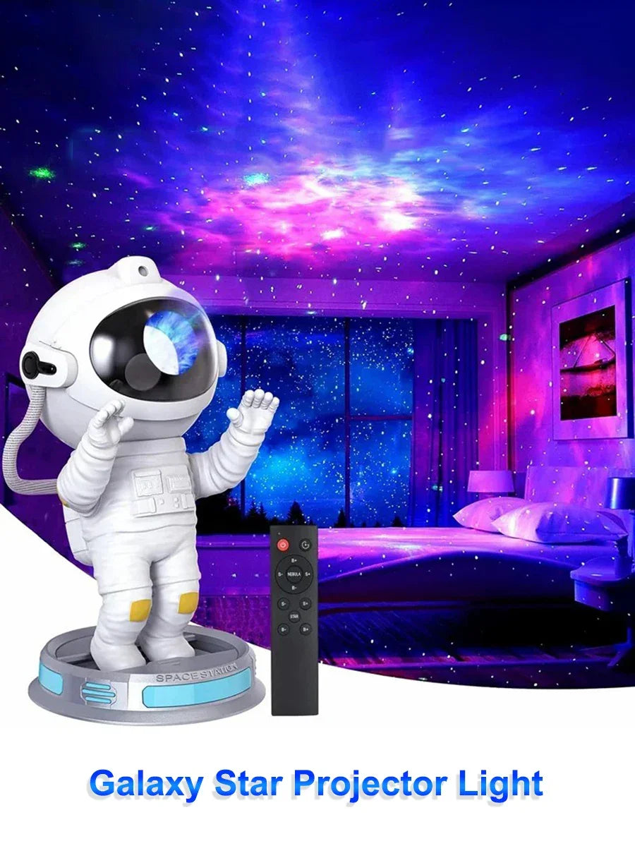 Astronaut galaxy star projector night light with remote, casting colorful stars in a bedroom.