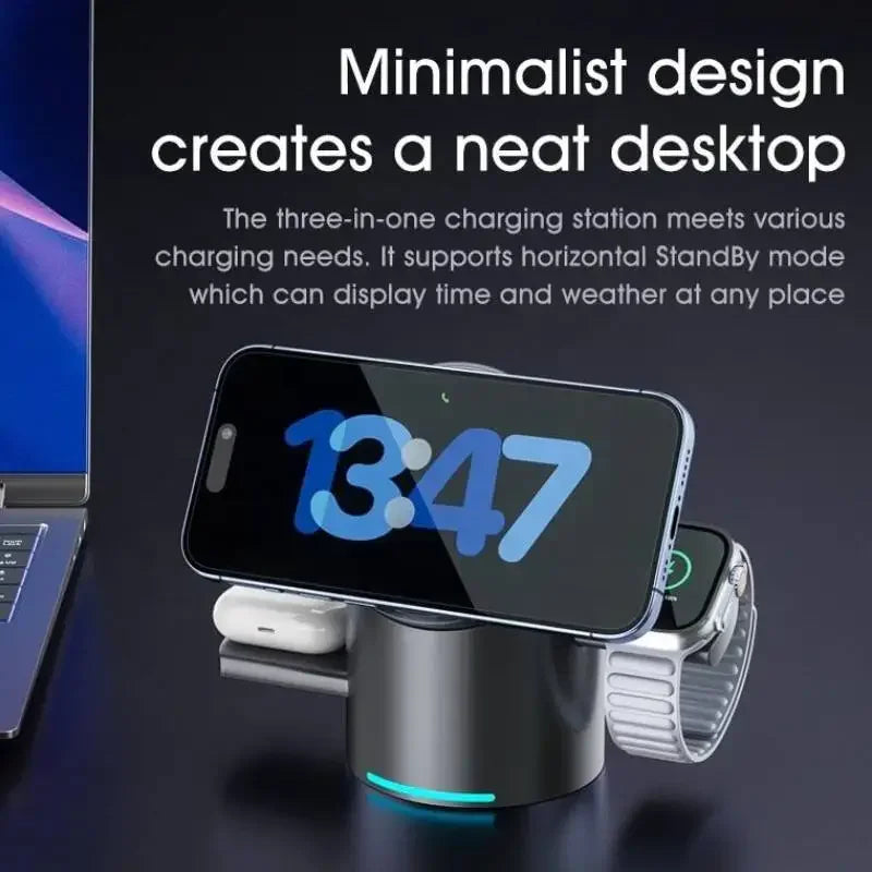 Three-in-one wireless charging station with smartphone, earbuds, and smartwatch on a modern desk