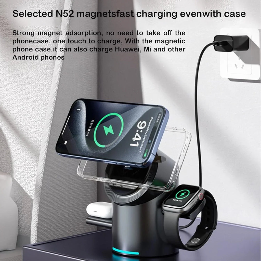 Magnetic wireless charging station charging smartphone, smartwatch, and earbuds on a desk