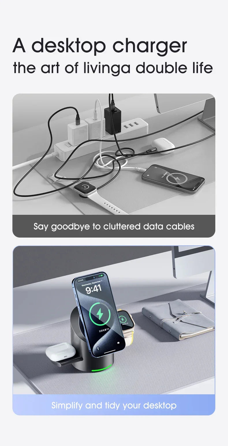 Comparison of cluttered cables with a sleek desktop wireless charging station for phone, smartwatch, and earbuds