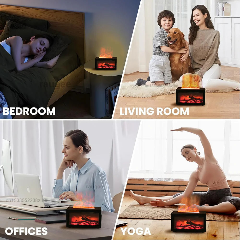 Portable electric fireplace heater used in bedroom, living room, office, and yoga spaces.