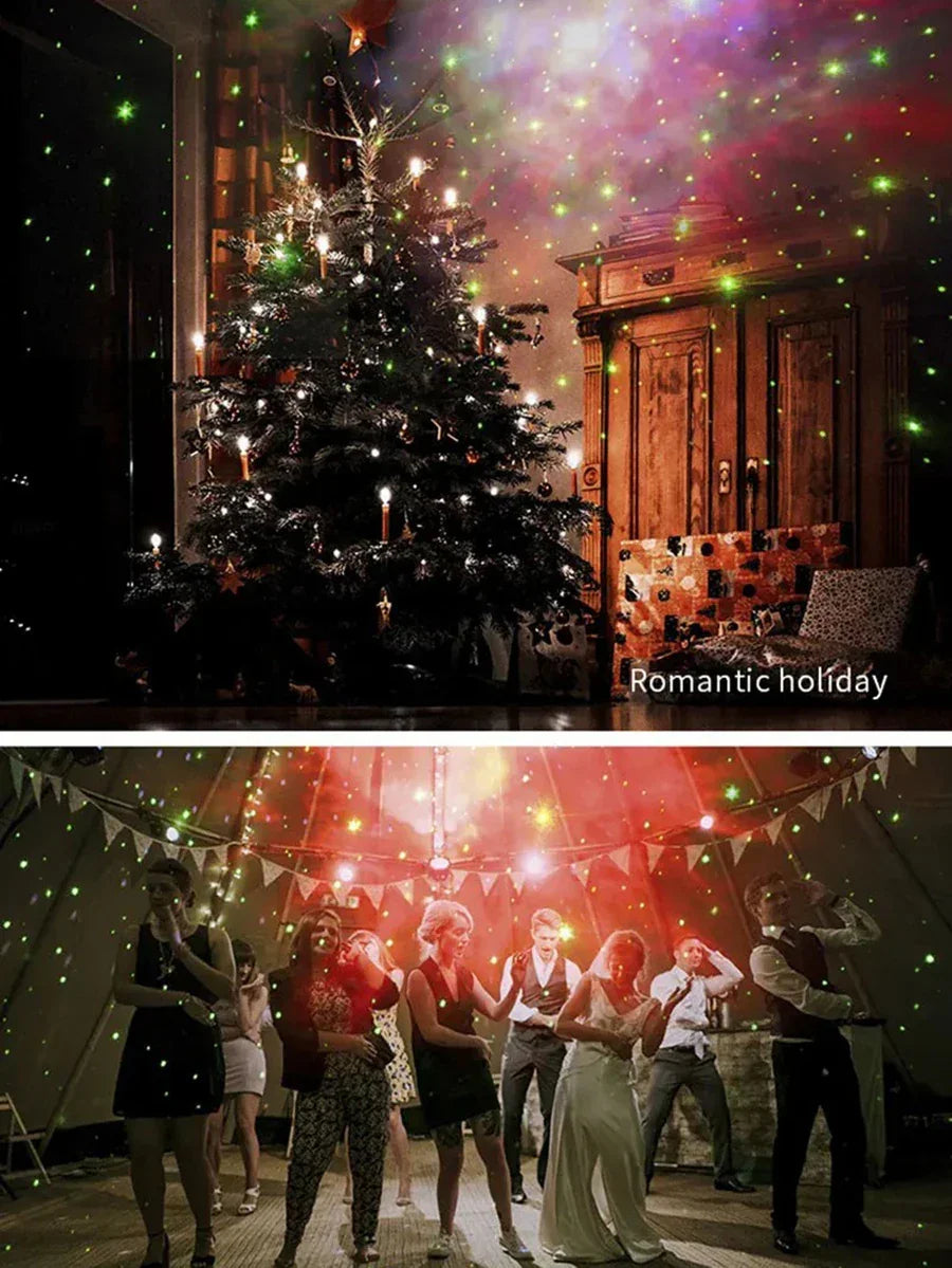 Laser projector creates festive green and red star lights for Christmas tree or party event.