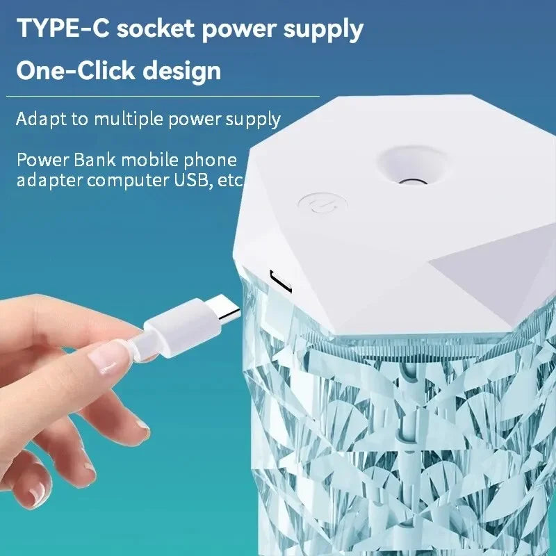 Type-C USB plug being inserted into a crystal-patterned electronic device with power supply text.