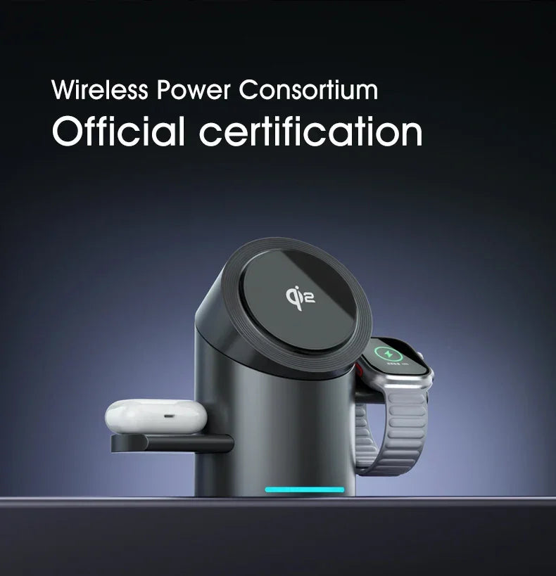 Qi2 certified wireless charging station for smartwatch and earbuds on dark background