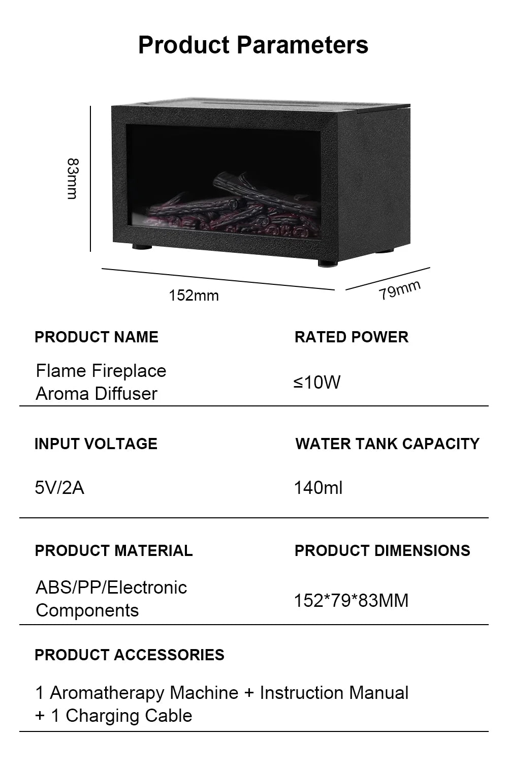 Rectangular black flame fireplace aroma diffuser with product dimensions and specifications listed.